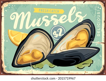 Mussels with lemon and parsley graphic ad for seafood restaurant. Vintage sign with freshly caught  oysters and mussels. Retro food vector illustration. 