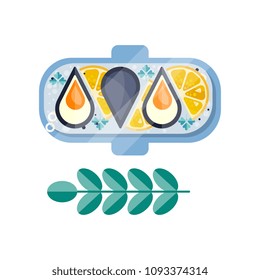 Mussels with lemon slices and herb with green leaves. Delicious seafood dish on plate. Flat vector design with texture