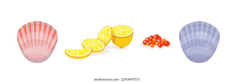 Mussels with lemons and caviar. Clam shells. Seafood concept. Collection. Flat vector illustration.