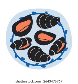 Mussels on plate isolated on white background, Fresh New Zealand mussels on illustration vector isolated on white background. Asian or Mediterranean sea food