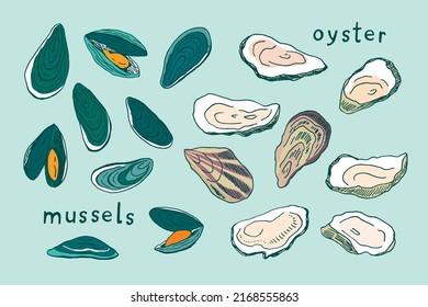 Mussels and oyster sea food vector illustrations set.