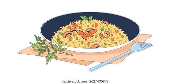 Mussels and pea risotto with mushrooms and garnish 2D vector illustration. Italian saffron rice dish. Dinner plate. Authentic food flat object isolated on white background. Colorful cartoon image