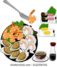 Mussels, Scallops and Crabs, Prawns, Grilled Seafood and Spicy Dipping Sauce. Asian, Thai, Japanese, Korean food.