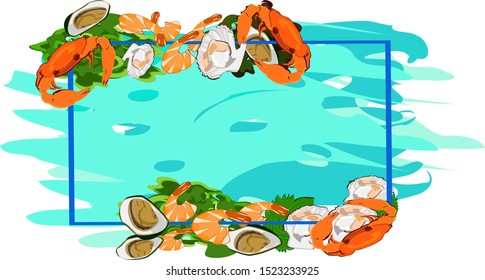 Mussels, Scallops and Crabs, Prawns, Grilled Seafood, blue sea background, spread with a square frame