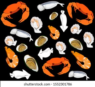 Mussels, Scallops and Crabs, Prawns, Grilled Seafood,background, spread with a square frame