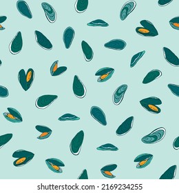 Mussels sea food vector seamless pattern