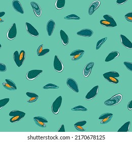 Mussels sea food vector seamless pattern