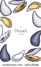 Mussels. Seafood.Set of hand drawn graphic illustrations.Decorative card or flyer design with sea food sketch. Vintage menu template.