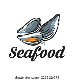 Mussels seafood icon. Restaurant or bar sea food menu, fresh fish market or seafood shop vector icon or sign. Fishing company symbol or emblem with oysters meat and shells