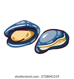 Mejillones mariscos, mejillones azules frescos en cáscara, ingrediente de la cocina mediterránea, alimento de dieta saludable rico en proteínas y minerales, producto de mariscos para cocinar, Ilustración vectorial de mariscos