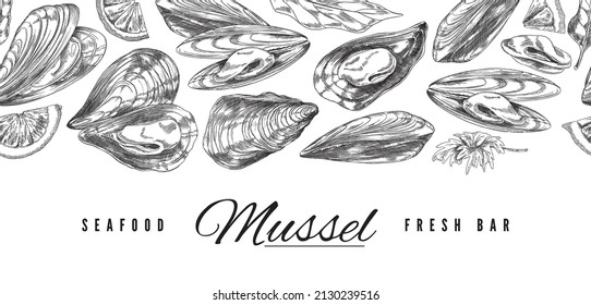 Mussels seamless decorative background or border, hand drawn vector illustration isolated on white background. Fresh bar menu or seafood restaurant repeatable template.