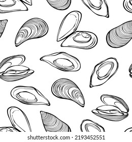 Mussels seamless pattern on white. Vector. Black and white. Perfect for design templates, wallpaper, wrapping, fabric and textile.