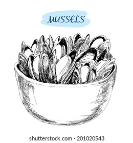 Mussels. Set of hand drawn graphic illustrations.