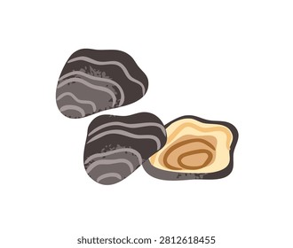 Mussels with shell. Sea mollusks for healthy nutrition. Seashells of clam. Gourmet dish, seafood. Cockleshells for meal. Organic and natural food. Flat isolated vector illustration on white background