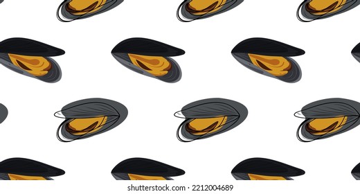 Mussels in shell seamless pattern. A vector illustration drawn by hand. Food background. Suitable for wallpapers, web page backgrounds, surface textures, textiles.