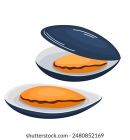 Mejillones con conchas. Ostras abiertas, mariscos. Almejas en estilo garabato. Moluscos frescos, delicias de mariscos. Ilustración vectorial plana aislada sobre fondo blanco