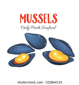 Mussels vector illustration in cartoon style. Seafood product design.