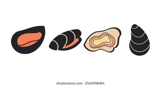 mussels vector illustration isolated on a white background , sea food ,asian food italian or spanish . Hand drawn illustration .