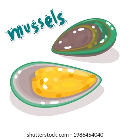 Vector de mejillones sobre fondo blanco.