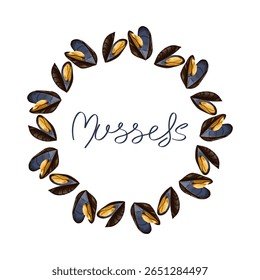 Moules Image vectorielle couronne. Cadre circulaire. Illustration de fruits de mer dessinée à la main pour la conception d'emballages, la marque gastronomique, les étiquettes de produits, les projets imprimés et culinaires