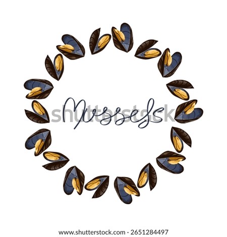 Mussels vector wreath. Circle frame. Hand drawn seafood illustration for packaging design, gourmet branding, product labels, print and culinary projects
