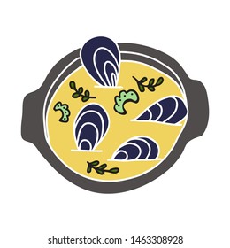 Mussels in white wine sauce, classic belgian cuisine. Sea food cartoon vector illustration. 