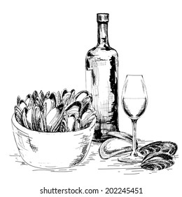 Mussels mit Wein. handgezeichnete grafische Illustration