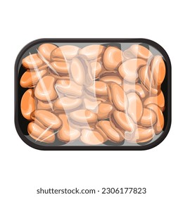 Mussels without shells in plastic tray vector illustration. Cartoon isolated frozen or fresh cold mollusca in box for counter of supermarket or seafood market, mussels in container with wrapper