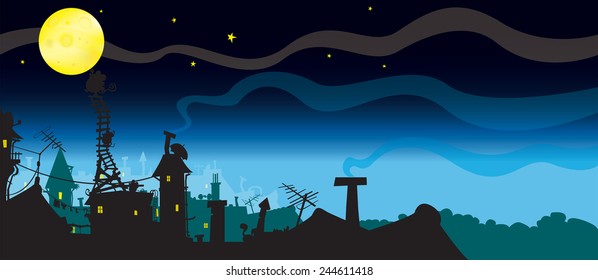 It must be Cheese.few mice try to reach the moon,because they think it's cheese. funny night scene horizontal illustration 