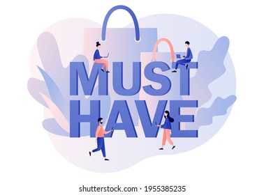 Must have - big text. Online shopping. Advertising and E-commerce concept. Tiny people buy most necessary things. Modern flat cartoon style. Vector illustration on white background