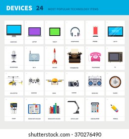 "Must have" devices for each designer:  lcd TV, notebook , laptop , tablet, headphones, mobile phone, wi-fi router, telephone, drone, toy helicopter, boombox, pencil. Flat  vector illustration. 