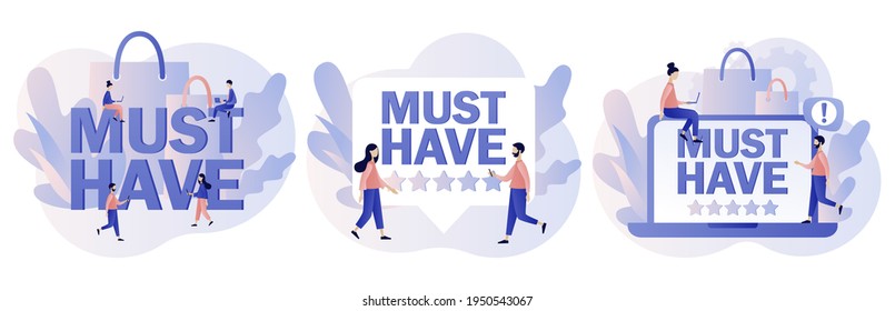 Must have. Online shopping. Advertising and E-commerce concept. Tiny people buy most necessary things. Modern flat cartoon style. Vector illustration on white background