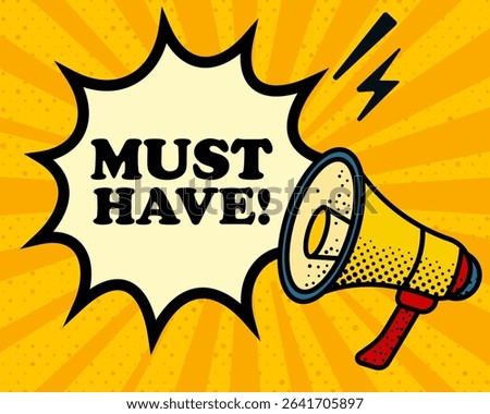 Must have speech bubble. Megaphone, lightning, speech burst, sound lines, pop art style, loudspeaker, public speaking, yellow background, expression, voice, alert, broadcast