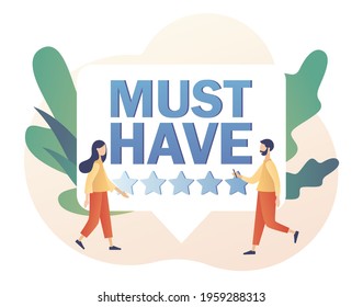 Must have - text on big bubble. Online shopping. Tiny people buy most necessary things. Advertising and E-commerce concept. Modern flat cartoon style. Vector illustration on white background