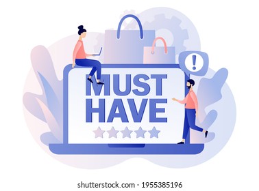 Must have - text on laptop screen. Online shopping. Advertising and E-commerce concept. Tiny people buy most necessary things. Modern flat cartoon style. Vector illustration on white background