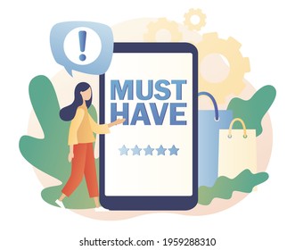 Must have - text on smartphone screen. Tiny woman buy most necessary things. Online shopping. Advertising and E-commerce concept. Modern flat cartoon style. Vector illustration on white background