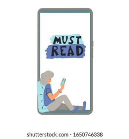 Must read emblem. Handsome boy sitting and using a tablet on the phone screen. Young man leaning on a pillow and reading an electronic books. Vector illustration.