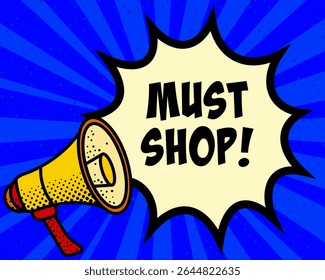 Preciso comprar o balão de discurso de anúncio. Megafone, explosão de fala, estilo cômico, fundo brilhante, elemento de comunicação, ferramenta de expressão, projeção de voz, compartilhamento de informações, design de arte pop.