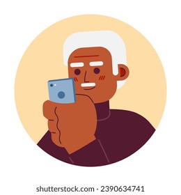 Mustache african american old man looking at phone 2D vector avatar illustration. Holding mobile elderly black guy cartoon character face. Social media flat color user profile image isolated on white