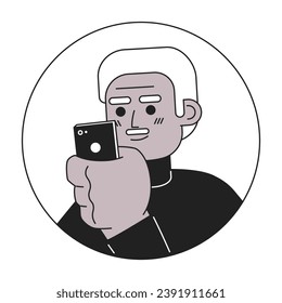 Mustache african american old man looking at phone black and white 2D vector avatar illustration. Holding mobile elderly black guy outline cartoon character face isolated. Social media flat portrait