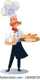 mustache bakery man with set of bakery items and wearing a chef hat