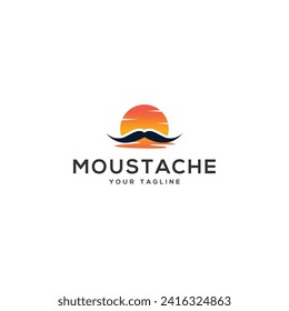 mustache with Beach Travel on Sunrise logo design vector illustration template