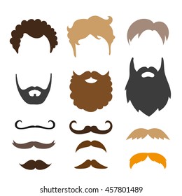 Mustache, beard and haircut set. Birthday party men photo booth props. Vector illustration. 