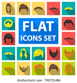 Mustache and beard, hairstyles flat icons in set collection for design. Stylish haircut vector symbol stock web illustration.