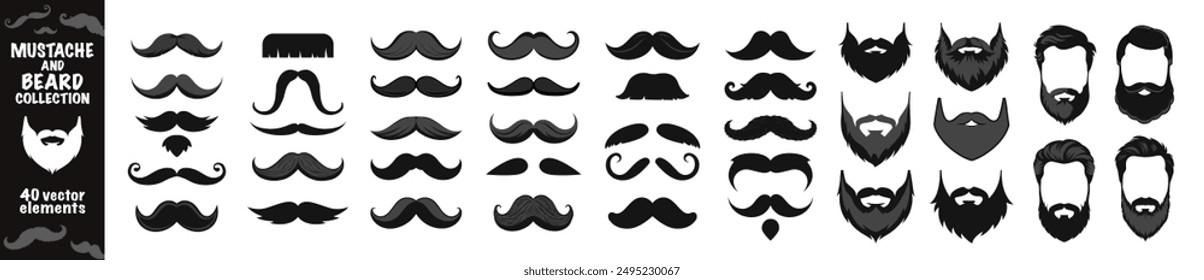 Bigote y barba icono conjunto Vector. Siluetas de colección de Vector de bigote aisladas sobre fondo transparente