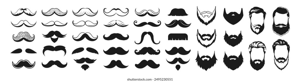 Mustache and beard icon set vector. Vintage mustache, funny fake mustaches mask and retro curly moustaches and beard