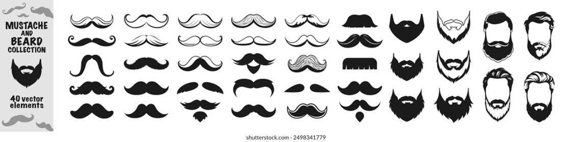 Mustache and beard icon set vector. Sillhouettes of moustache vector collection isolated on transparent background