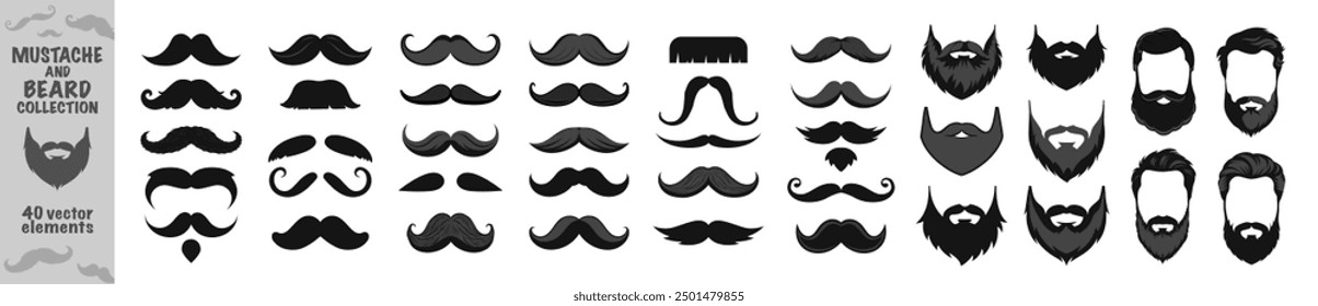 Mustache and beard icon set vector. Vintage mustache, funny fake mustaches mask and retro curly moustaches and beard