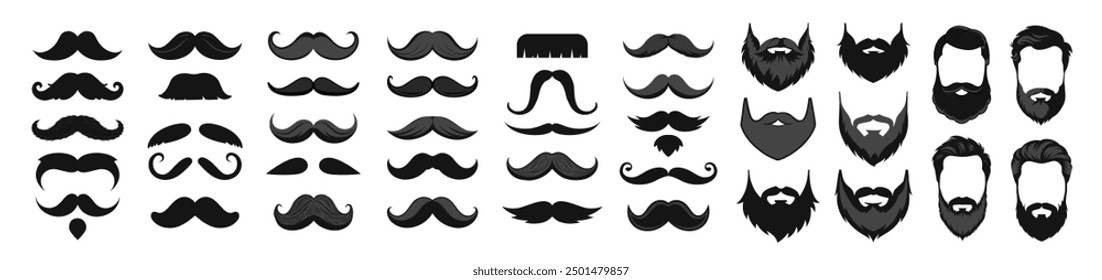 Mustache and beard icon set vector. Sillhouettes of moustache vector collection isolated on transparent background