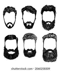 Mustache y barba Set sobre un fondo blanco. Estilo hipster peinado masculino. Ilustración vectorial de moda.